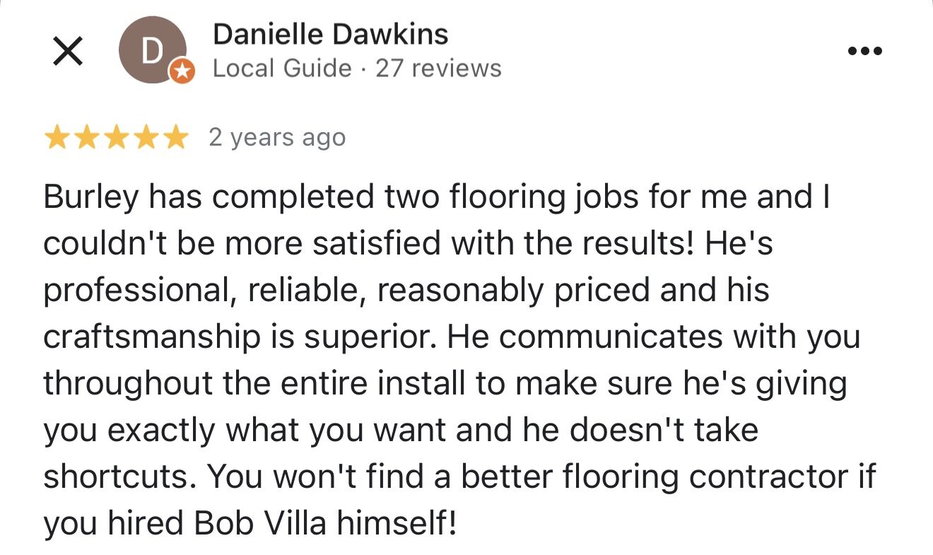 Preserved customer review by Danielle Dawkins about flooring installation and service.